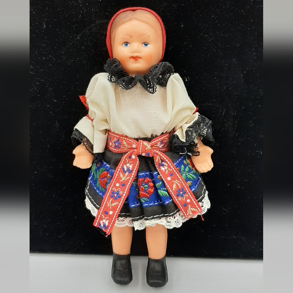 Vintage Czechoslovakian Slovakia National Folk Costume Rubber Doll 5 3/4" Tall